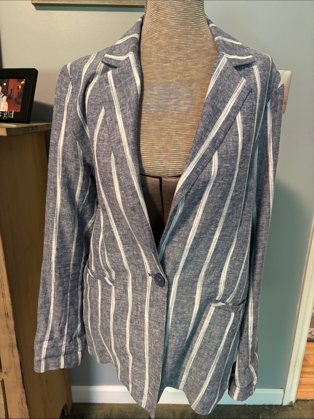 DREW Blue and White Striped Linen Single Breasted Jacket